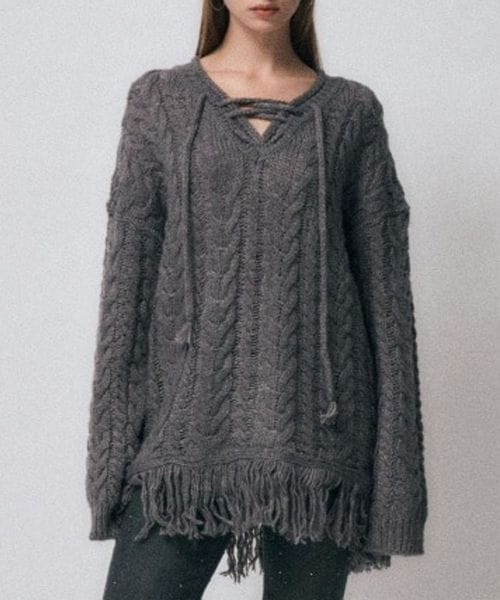 Midnight Move／タッセルニットワンピース グレー FREE ウィメンズワンピ ALAND エーランド ミッドナイトムーブ 320612 韓国通販 ドットエスティ