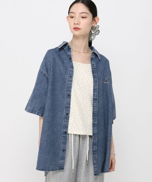【UNISEX】ALAND／Aロゴデニム半袖シャツ ブルー S ALグッズ ALAND エーランド 326321 韓国通販 ドットエスティ