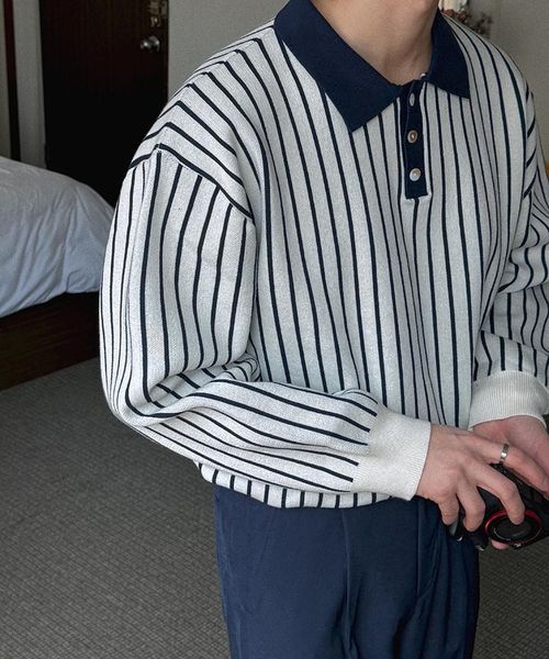 【UNISEX】ASCLO／ストライプコットンカラーＴ ベージュ FREE メンズインナー ALAND エーランド 608546 韓国通販 ドットエスティ