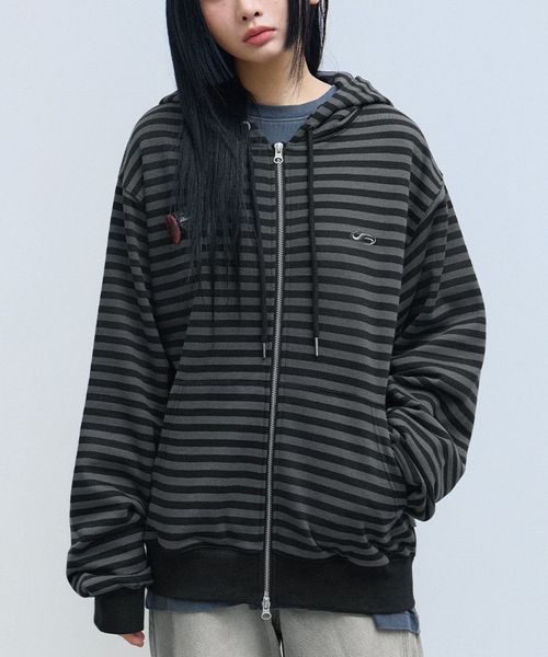 【UNISEX】Filluminate／ボーダーフードジップ シルバー M メンズインナー ALAND エーランド 608788 韓国通販 ドットエスティ
