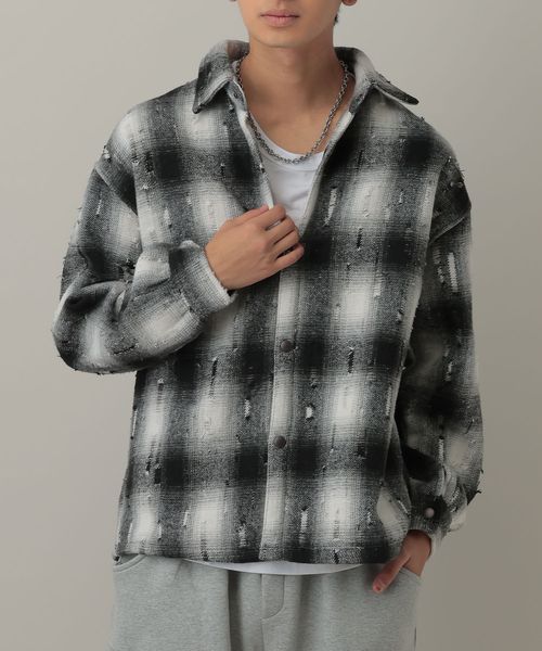 LAND MUSEUM／ダメージファーチェックシャツ グレー M メンズインナー ALAND エーランド 619252 韓国通販 ドットエスティ