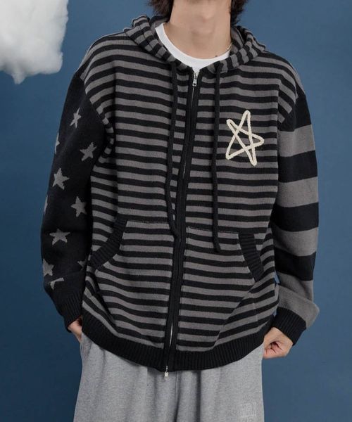 【UNISEX】WaiKei／ボーダーニットZIP シルバー M ユニインナー ALAND エーランド 626816 韓国通販 ドットエスティ