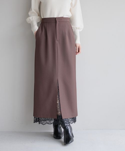 Andemiu レースカサネIラインスカート ブラウン M ウィメンズボトムス アンデミュウ 325585 and ST アンドエスティ（旧ドットエスティ）