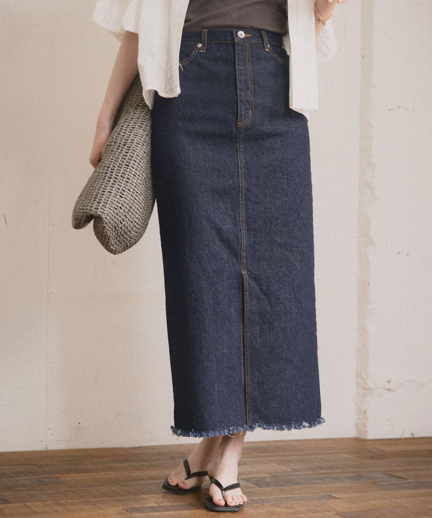 Baybee center fringe denim skirt(indigo) - ロングスカート