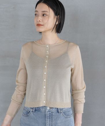 ノーブル ラメトリミング　シアークルーショートカーディガン　ベージュ　ゴールド NOBLE2024 ラメトリミングシアークルーショートカーディガン
