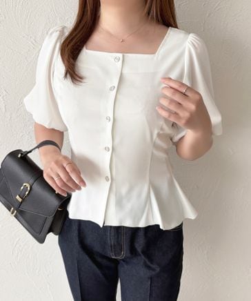 プロズポコポコギンガムスクエアネックペプラムブラウス prose verse