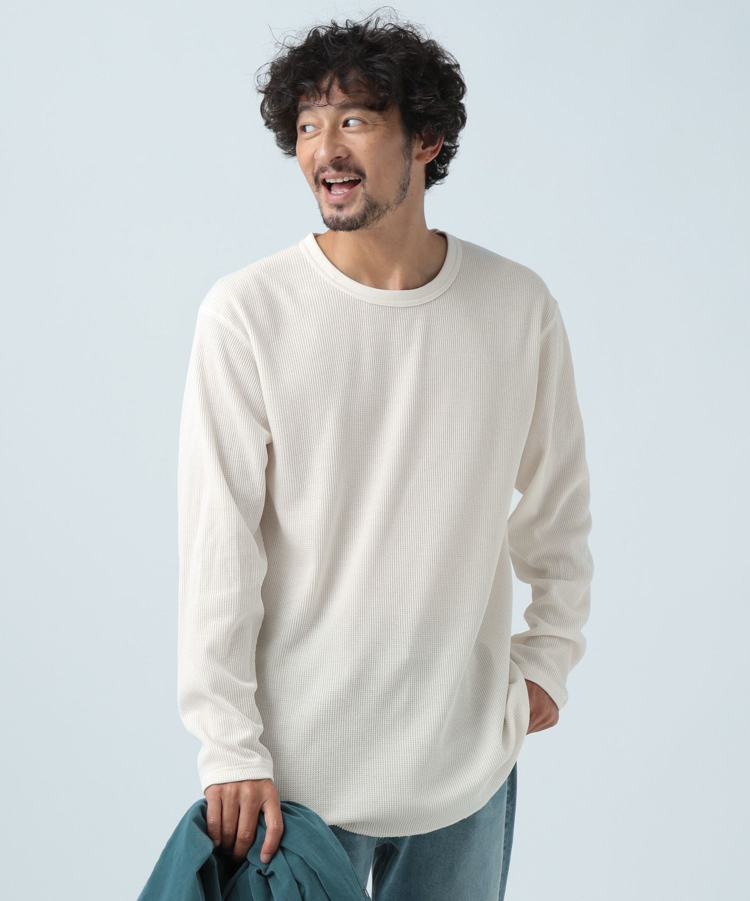 165【ベージュ】ワッフル long T＆Henly Long Tシャツ - Tシャツ