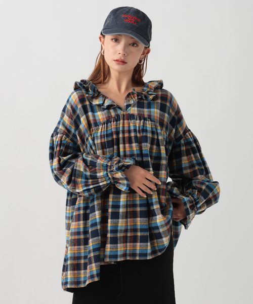 BAYFLOW 【INDIA IS BEAUTIFUL(インディアイズビューティフル)】ツイルチェックブラウス ライトブルー FREE ウィメンズインナー ベイフロー 572127 and ST アンドエスティ（旧ドットエスティ）