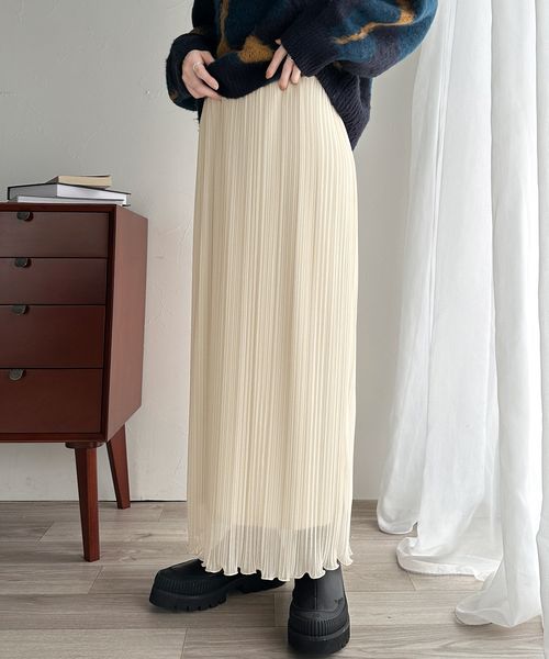 classical elf 大人の抜け感スタイル ランダム プリーツ 裾メロウ シャイニー シアースカートce1020167 オフホワイト XL ウィメンズボトムス_CE クラシカルエルフ 293057 and ST アンドエスティ（旧ドットエスティ）