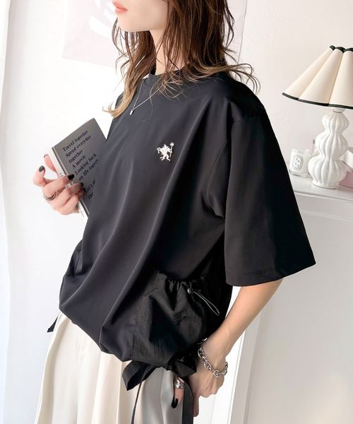 classical elf カーゴポケット＆リボン付きワンポイント胸刺繍ドロスト半袖トップスce1260315 ブラック M ウィメンズインナー_CE クラシカルエルフ 321705 and ST アンドエスティ（旧ドットエスティ）