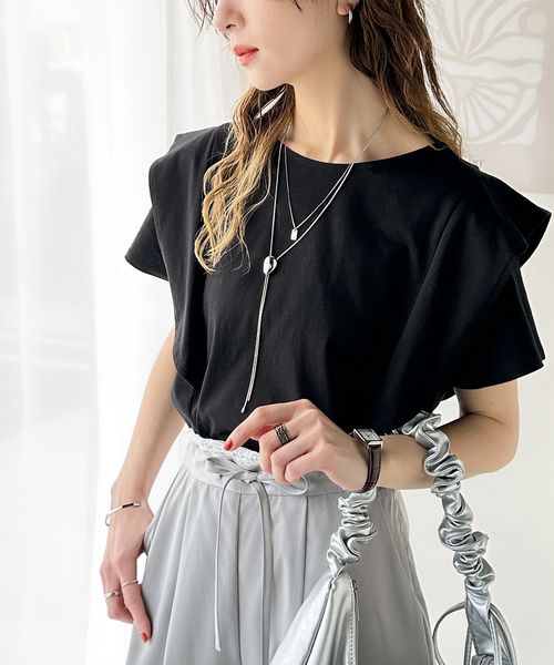 classical elf 女性らしさ漂う、綿100%シルケット加工ラッフルショルダーTシャツ(半袖)ce1260380 ブラック S ウィメンズインナー_CE クラシカルエルフ 321745 and ST アンドエスティ(旧ドットエスティ) classical elf 女性らしさ漂う、綿100%シルケット加工ラッフルショルダーTシャツ(半袖)ce1260380 ブラック S ウィメンズインナー_CE クラシカルエルフ 321745 and ST アンドエスティ(旧ドットエスティ)