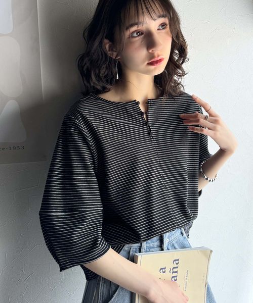 classical elf 華奢見えを叶える!前後2wayランタンスリーブミニボーダートップス(5分袖)ce1260384 ブラック L ウィメンズインナー_CE クラシカルエルフ 321893 and ST アンドエスティ(旧ドットエスティ) classical elf 華奢見えを叶える!前後2wayランタンスリーブミニボーダートップス(5分袖)ce1260384 ブラック L ウィメンズインナー_CE クラシカルエルフ 321893 and ST アンドエスティ(旧ドットエスティ)