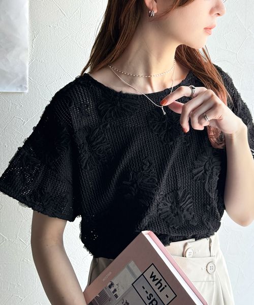 classical elf 大人のおしゃれ度ワンランクアップ。チュールフラワーコード刺繍半袖Tシャツce1260429 ブラック L ウィメンズインナー_CE クラシカルエルフ 411662 and ST アンドエスティ(旧ドットエスティ) classical elf 大人のおしゃれ度ワンランクアップ。チュールフラワーコード刺繍半袖Tシャツce1260429 ブラック L ウィメンズインナー_CE クラシカルエルフ 411662 and ST アンドエスティ(旧ドットエスティ)