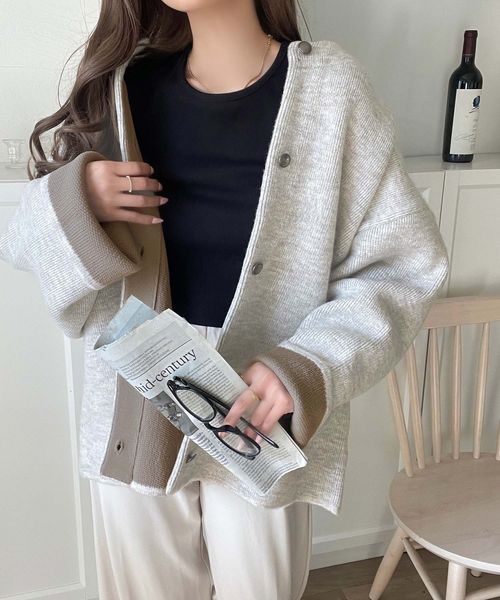 classical elf 配色で差がつくベーシックな一枚。Wフェイス配色ニットカーディガンce1380005 ホワイト L ウィメンズインナー_CE クラシカルエルフ 570519 and ST アンドエスティ（旧ドットエスティ）