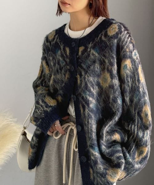 classical elf モヘアタッチ前後2wayアンティークラグモチーフ柄ニットカーディガン（長袖）ce1260470 ネイビー M ウィメンズインナー_CE クラシカルエルフ 574674 and ST アンドエスティ（旧ドットエスティ）