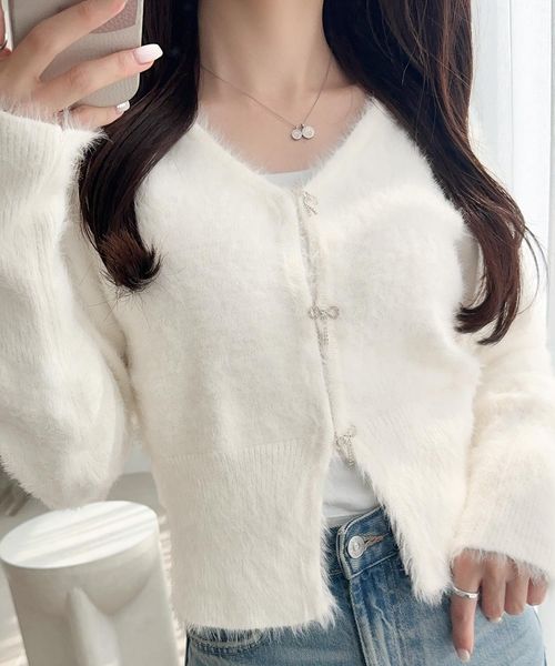 classical elf 【mily bilet】ビジューリボンボタンシャギーニットカーディガンmi1029141 オフホワイト XL ウィメンズインナー_MB クラシカルエルフ 577050 and ST アンドエスティ（旧ドットエスティ）