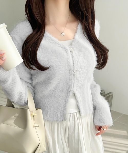 classical elf 【mily bilet】ビジューリボンボタンシャギーニットカーディガンmi1029141 ライトグレー M ウィメンズインナー_MB クラシカルエルフ 577050 and ST アンドエスティ（旧ドットエスティ）