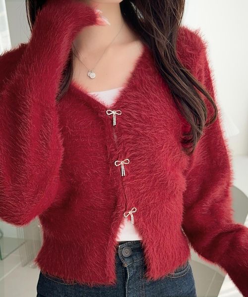 classical elf 【mily bilet】ビジューリボンボタンシャギーニットカーディガンmi1029141 レッド M ウィメンズインナー_MB クラシカルエルフ 577050 and ST アンドエスティ（旧ドットエスティ）