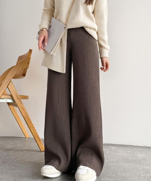 classical elf 履き心地楽ちん＆スッキリ脚長魅せ。ランダムリブニットパンツce1050323 ライトベージュ S ウィメンズボトムス_CE クラシカルエルフ 577074 and ST アンドエスティ（旧ドットエスティ）