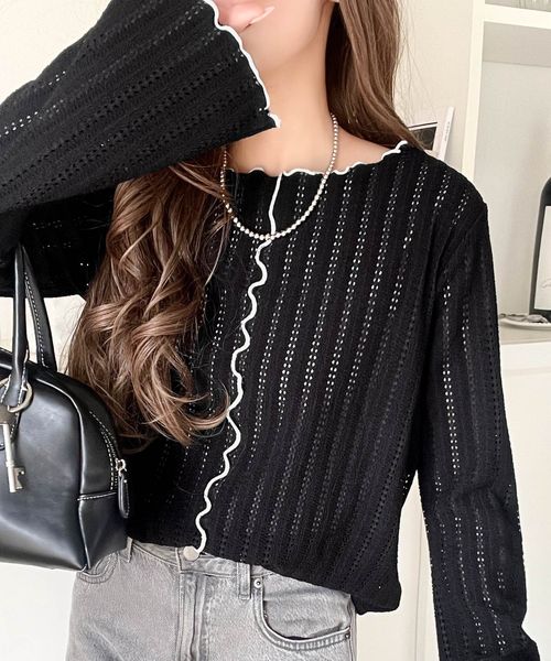 classical elf ほんのり色っぽ。透かし編みセンターメロウフレアスリーブトップスカットソー(長袖)ce1010485 ブラック XL ウィメンズインナー_CE クラシカルエルフ 584434 and ST アンドエスティ（旧ドットエスティ）