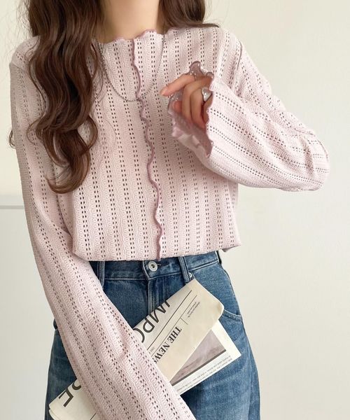 classical elf ほんのり色っぽ。透かし編みセンターメロウフレアスリーブトップスカットソー(長袖)ce1010485 ピンク XL ウィメンズインナー_CE クラシカルエルフ 584434 and ST アンドエスティ（旧ドットエスティ）