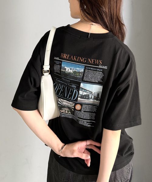 classical elf 綿100％ニュースペーパーロゴプリントオーバーサイズTシャツce1330046 ブラック XL ウィメンズインナー_CE クラシカルエルフ 587789 and ST アンドエスティ（旧ドットエスティ）