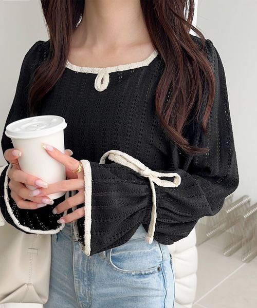 classical elf 【mily bilet】ストライプレースキャンディースリーブリボン付きプルオーバーmi1019104 ブラック S ウィメンズインナー_MB クラシカルエルフ 587821 and ST アンドエスティ（旧ドットエスティ）