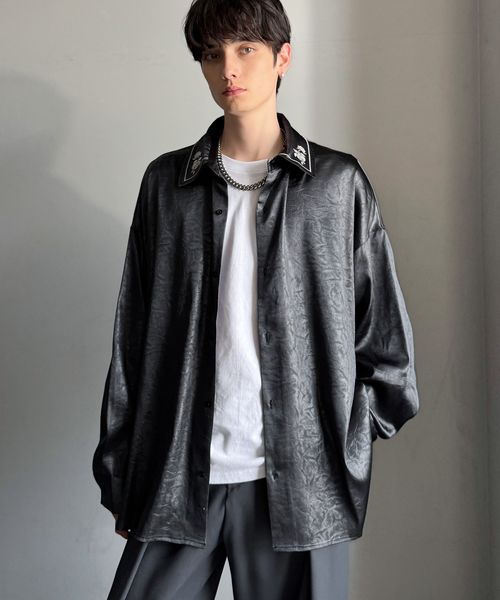 classical elf エンボス加工サテン素材 衿刺繍 ビッグシルエットシャツco1010022 チャコールグレー S メンズインナー_CE クラシカルエルフ 591019 and ST アンドエスティ（旧ドットエスティ）