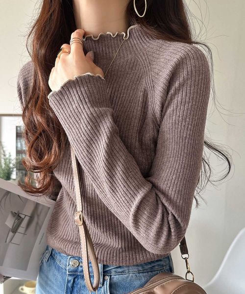 classical elf 華奢見え叶える程よいフィット感。配色メロウリブニットトップス（長袖）ce1260507 ライトベージュ L ウィメンズインナー_CE クラシカルエルフ 596204 and ST アンドエスティ（旧ドットエスティ）