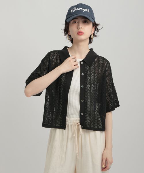 GEORGE'S 透かし編みポロニット ブラック S W_トップス ジョージズ 576129 and ST アンドエスティ(旧ドットエスティ) GEORGE'S 透かし編みポロニット ブラック S W_トップス ジョージズ 576129 and ST アンドエスティ(旧ドットエスティ)