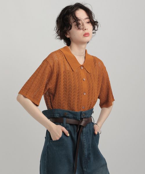 GEORGE'S 透かし編みポロニット オレンジ S W_トップス ジョージズ 576129 and ST アンドエスティ(旧ドットエスティ) GEORGE'S 透かし編みポロニット オレンジ S W_トップス ジョージズ 576129 and ST アンドエスティ(旧ドットエスティ)