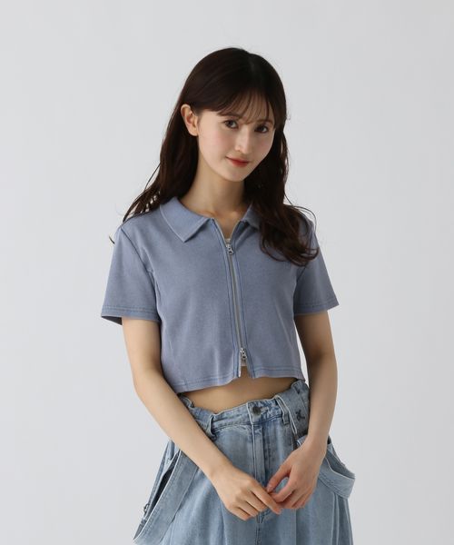 GLOBAL WORK ダブルZIPクロップド半袖/AND YUA ANY/318885 ブルー S キッズ グローバルワーク 318885 and ST アンドエスティ(旧ドットエスティ) GLOBAL WORK ダブルZIPクロップド半袖/AND YUA ANY/318885 ブルー S キッズ グローバルワーク 318885 and ST アンドエスティ(旧ドットエスティ)