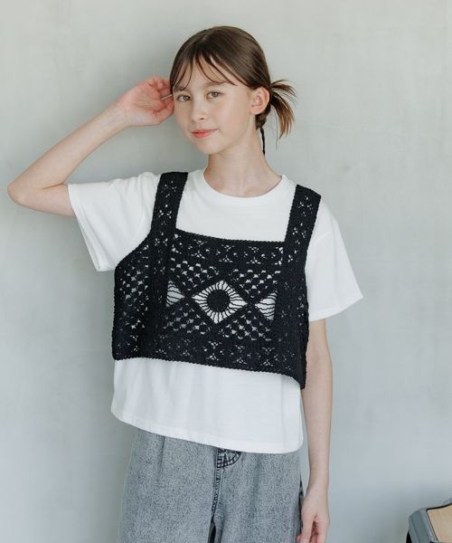 GLOBAL WORK かぎ針ベストセットT半袖/キッズ/326104 ブラック キッズ グローバルワーク 326104 and ST アンドエスティ(旧ドットエスティ) GLOBAL WORK かぎ針ベストセットT半袖/キッズ/326104 ブラック キッズ グローバルワーク 326104 and ST アンドエスティ(旧ドットエスティ)