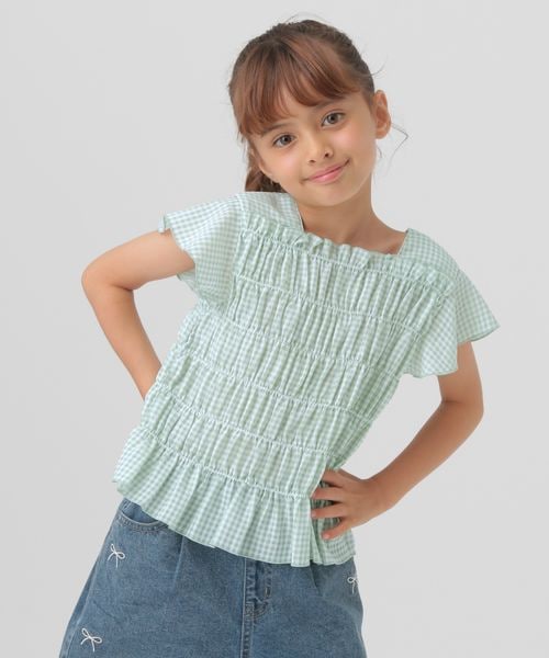 GLOBAL WORK シャーリングギンガムブラウス/100-120cm展開/494118 グリーン キッズ グローバルワーク 494118 and ST アンドエスティ(旧ドットエスティ) GLOBAL WORK シャーリングギンガムブラウス/100-120cm展開/494118 グリーン キッズ グローバルワーク 494118 and ST アンドエスティ(旧ドットエスティ)