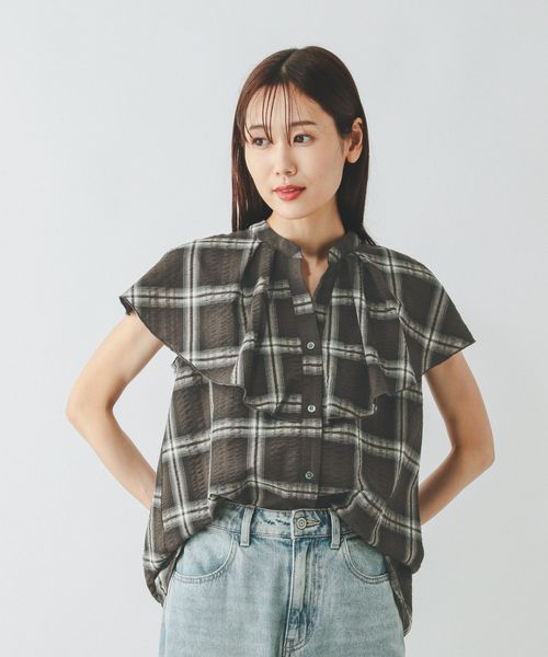 GLOBAL WORK チェックフリルブラウスノースリーブ/498365 ブラウン L ウィメンズインナー グローバルワーク 498365 and ST アンドエスティ(旧ドットエスティ) GLOBAL WORK チェックフリルブラウスノースリーブ/498365 ブラウン L ウィメンズインナー グローバルワーク 498365 and ST アンドエスティ(旧ドットエスティ)