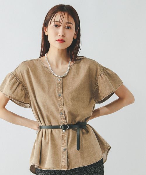 GLOBAL WORK デニムフリルブラウス/571291 ライトベージュ M ウィメンズインナー グローバルワーク 571291 and ST アンドエスティ(旧ドットエスティ) GLOBAL WORK デニムフリルブラウス/571291 ライトベージュ M ウィメンズインナー グローバルワーク 571291 and ST アンドエスティ(旧ドットエスティ)