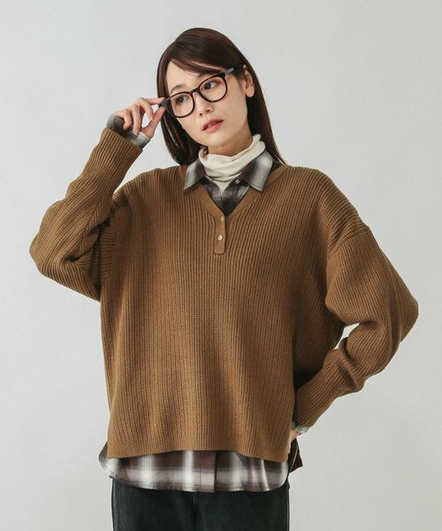 GLOBAL WORK 毛玉になりにくいキーネック/579675 ブラウン L ウィメンズインナー グローバルワーク 579675 and ST アンドエスティ（旧ドットエスティ）