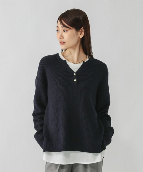 GLOBAL WORK 毛玉になりにくいキーネック/579675 ネイビー M ウィメンズインナー グローバルワーク 579675 and ST アンドエスティ（旧ドットエスティ）