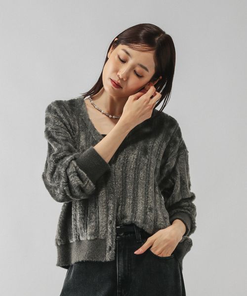 GLOBAL WORK ショートシャギーVネックカーディガン/581156 チャコールグレー L ウィメンズインナー グローバルワーク 581156 and ST アンドエスティ（旧ドットエスティ）