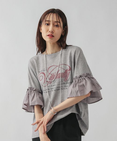 GLOBAL WORK リメイク風フリルプリント7分袖/589278 ライトグレー L ウィメンズインナー グローバルワーク 589278 and ST アンドエスティ（旧ドットエスティ）