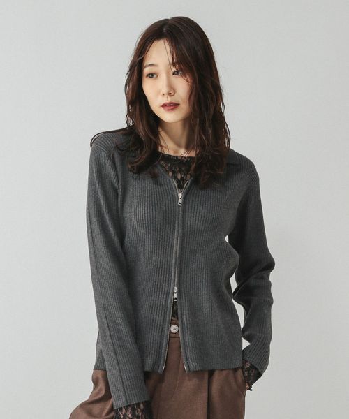 GLOBAL WORK 衿付きダブルZIPカーデ/598029 チャコールグレー M ウィメンズインナー グローバルワーク 598029 and ST アンドエスティ（旧ドットエスティ）