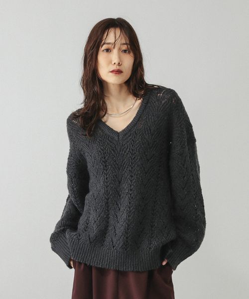 GLOBAL WORK モヘヤタッチ透かし編みVネックプルオーバー/599493 チャコールグレー L ウィメンズインナー グローバルワーク 599493 and ST アンドエスティ（旧ドットエスティ）