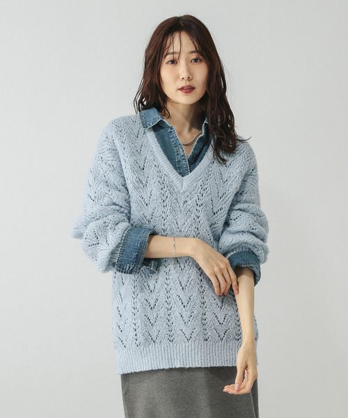 GLOBAL WORK モヘヤタッチ透かし編みVネックプルオーバー/599493 ライトブルー L ウィメンズインナー グローバルワーク 599493 and ST アンドエスティ（旧ドットエスティ）
