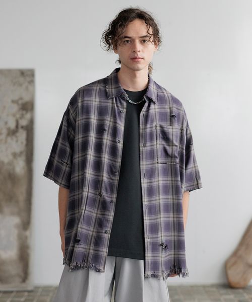 HARE ダメージチェックシャツSS パープル FREE メンズインナー ハレ 136558 and ST アンドエスティ(旧ドットエスティ) HARE ダメージチェックシャツSS パープル FREE メンズインナー ハレ 136558 and ST アンドエスティ(旧ドットエスティ)