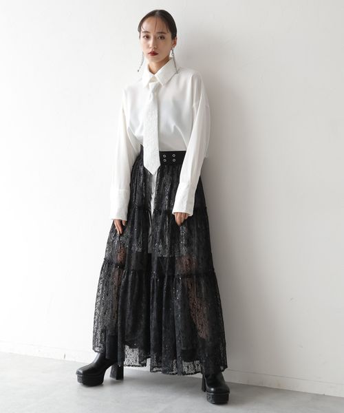 今季新作 着回し HARE レースチュールベルトスカート ブラック×レース