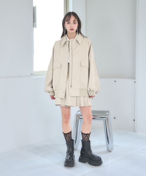 フェイクレザープリーツスカパン フェイクレザーステンミドルブルゾン セット SET UP】フェイクレザーステンミドルブルゾン& スカパン