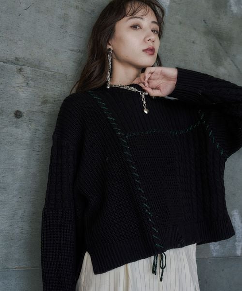 HARE 【LADIES】パッチワークショートニットプルオーバー ブラック FREE ウィメンズインナー ハレ 492682 and ST アンドエスティ(旧ドットエスティ) HARE 【LADIES】パッチワークショートニットプルオーバー ブラック FREE ウィメンズインナー ハレ 492682 and ST アンドエスティ(旧ドットエスティ)