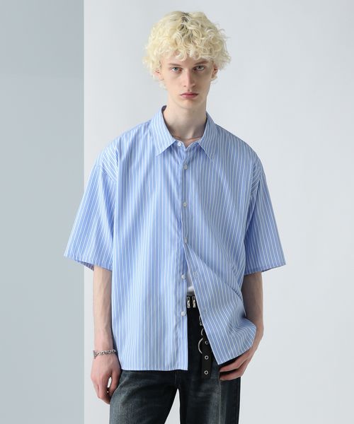 HARE 【WEB限定】マルチマテリアルストライプブロードシャツSS ブルー S メンズインナー ハレ 497781 and ST アンドエスティ(旧ドットエスティ) HARE 【WEB限定】マルチマテリアルストライプブロードシャツSS ブルー S メンズインナー ハレ 497781 and ST アンドエスティ(旧ドットエスティ)