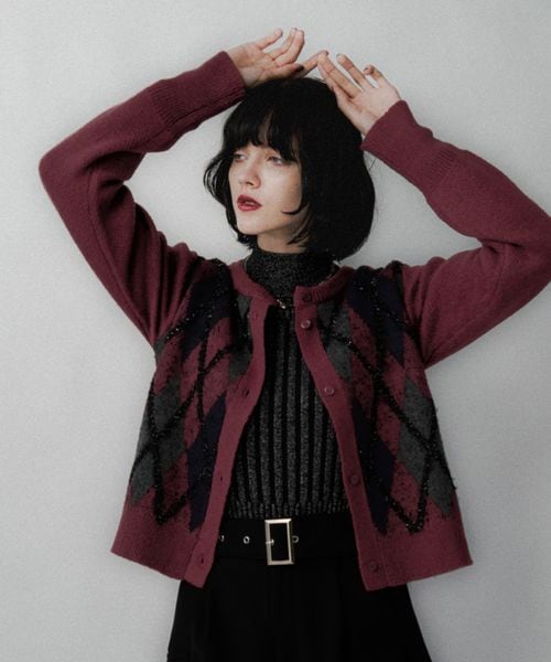 HARE 【LADIES】アーガイルガラニットカーディガン ボルドー FREE ウィメンズインナー ハレ 593655 and ST アンドエスティ（旧ドットエスティ）