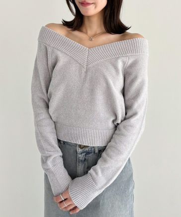 グレーとベージュ2点分ラメニット S-LL/前後2WAY】大人のゆるさが魅力 ベロア風ラメモールニット